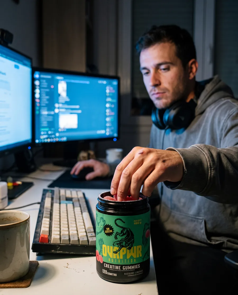 Metiendo la mano al tarro frente a la computadora, de noche