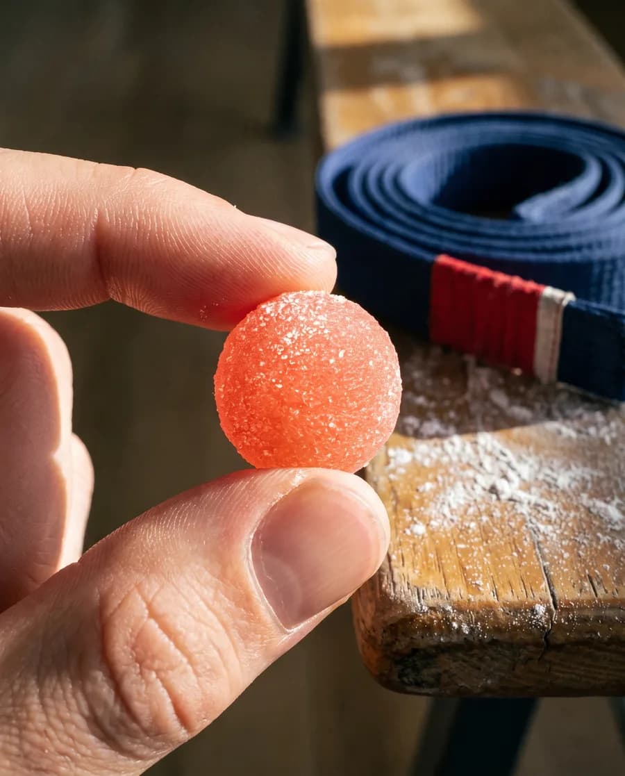 An OVRPWR gummy in hand before training