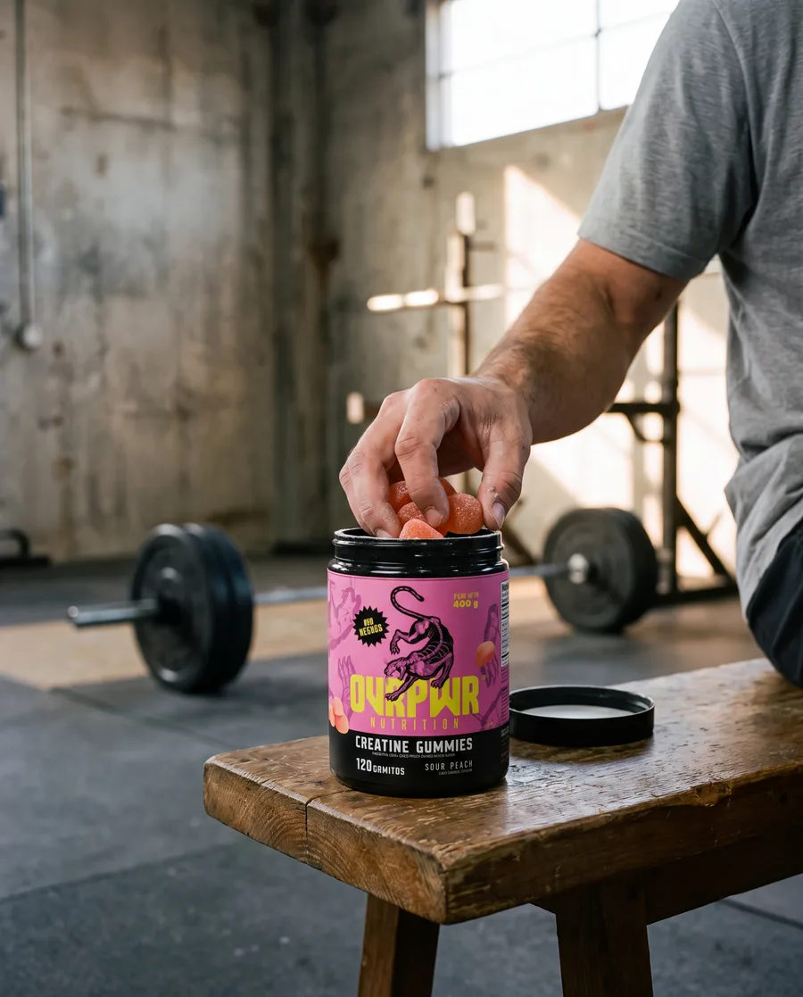 Taking gummies from the jar on the gym bench