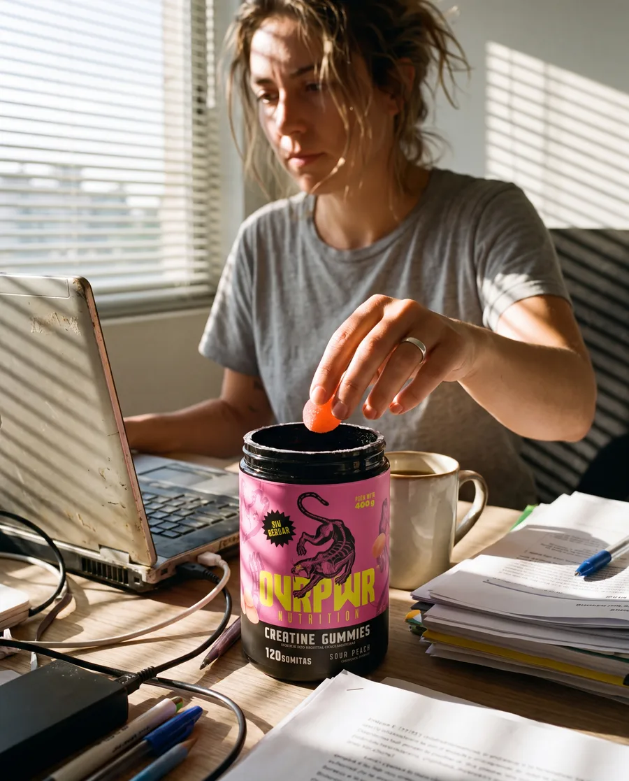 Taking a gummy from the open jar on the desk