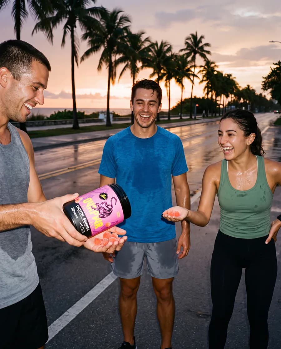 Sharing gummies from the jar with two friends after a run